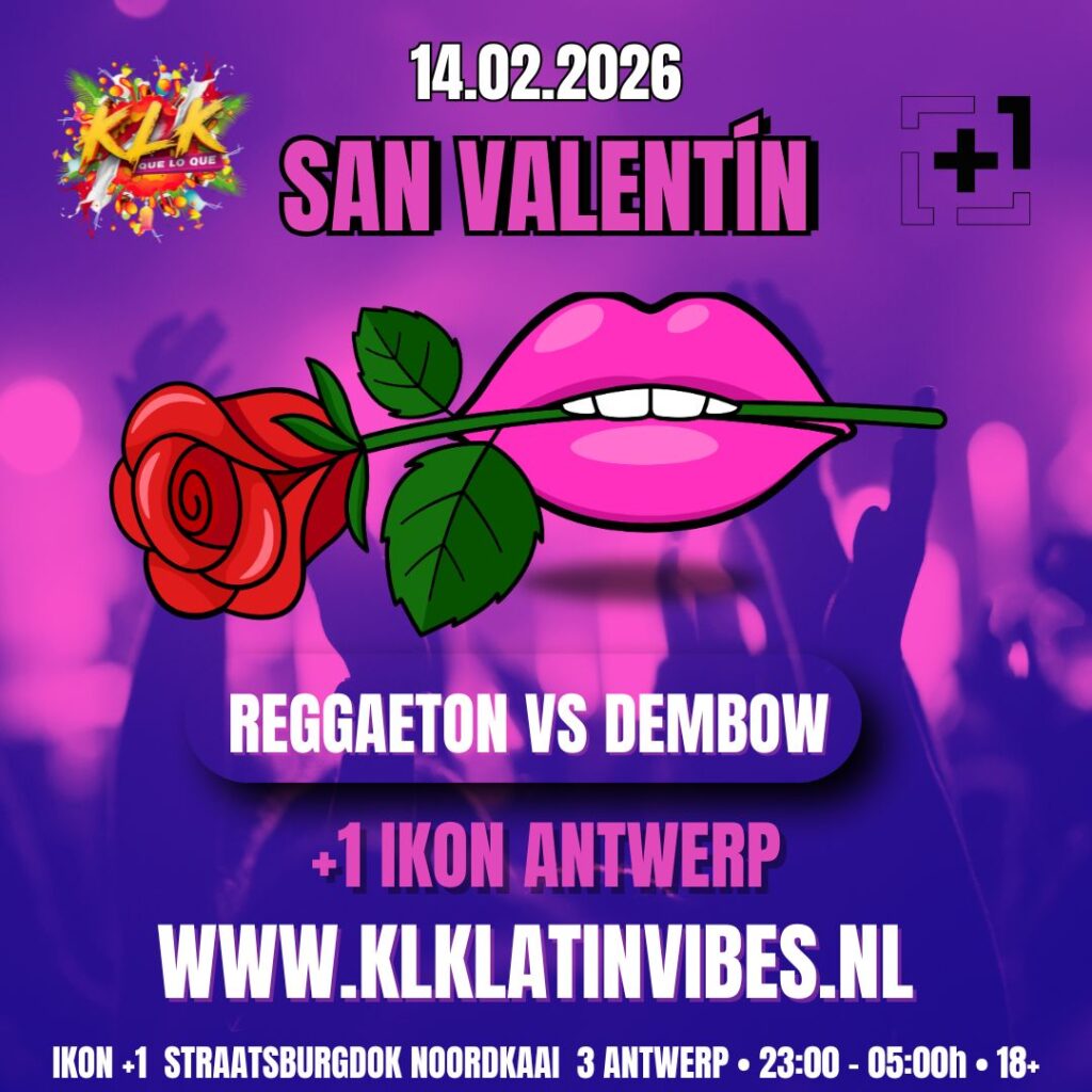 Flyer voor San Valentin van KLK Latin Vibes op 14 februari 2026.