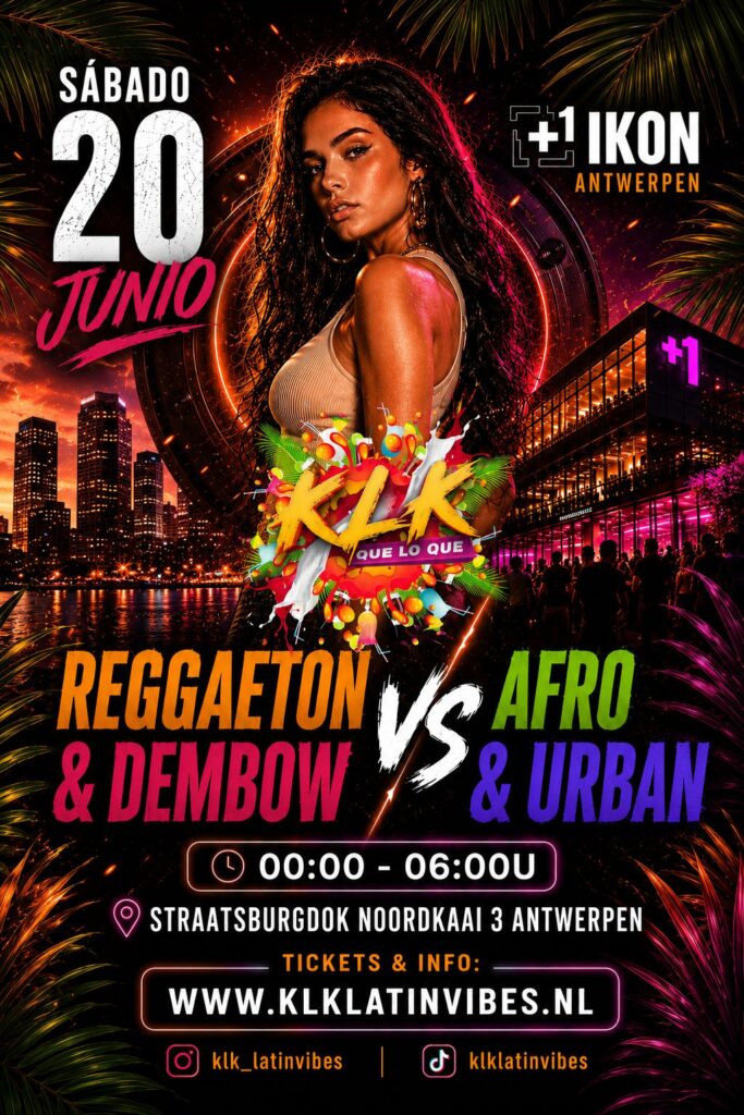Een energieke Facebook event cover voor een latin nightlife event in Antwerpen. Op de afbeelding staat een stijlvolle latina vrouw voor een neon verlichte achtergrond met stadslichten en tropische palmblaadjes. De flyer promoot “Reggaeton & Dembow vs Afro & Urban” in +1 Ikon Antwerpen op zaterdag 27 juni van 00:00 tot 06:00 uur. De kleuren zijn fel neon roze, oranje en paars, met een urban en tropical club sfeer. Onderaan staan het adres van de locatie, ticketwebsite en social media accounts van KLK Latin Vibes.