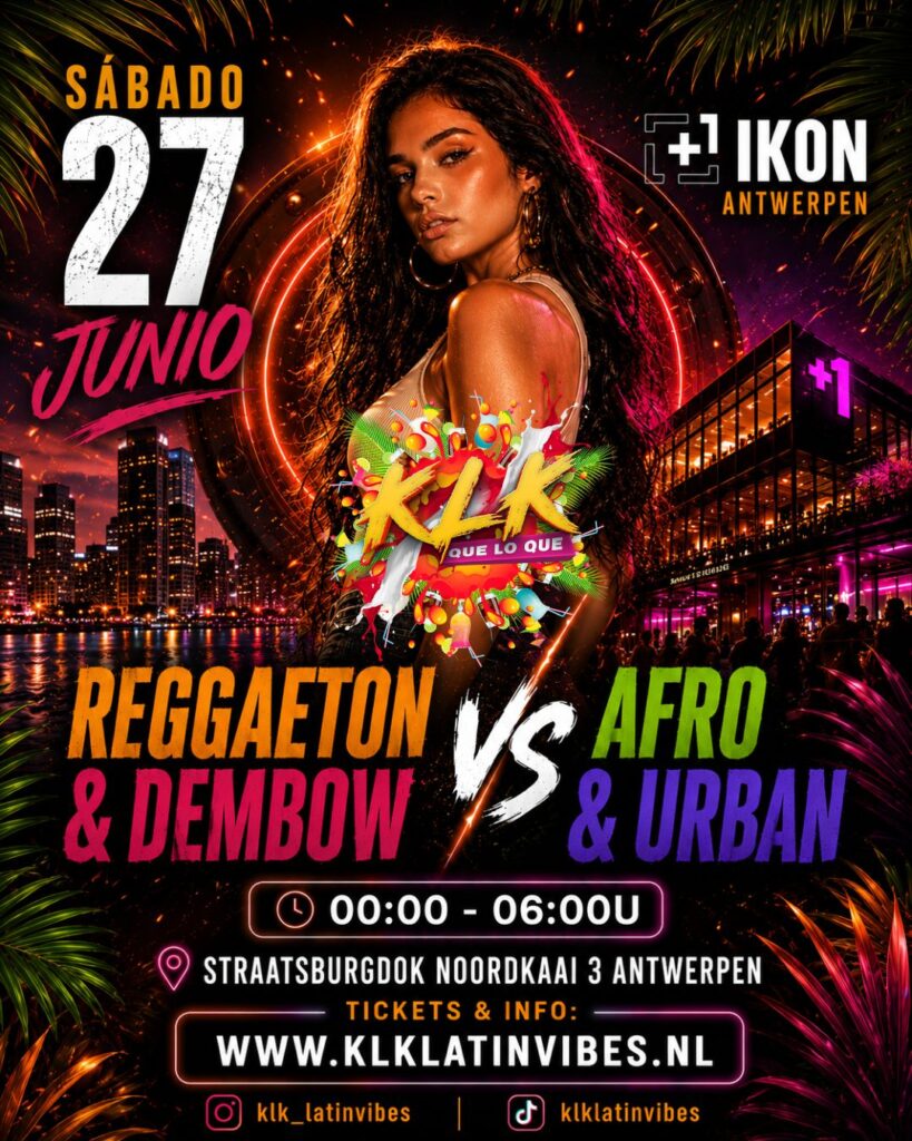 Een energieke Facebook event cover voor een latin nightlife event in Antwerpen. Op de afbeelding staat een stijlvolle latina vrouw voor een neon verlichte achtergrond met stadslichten en tropische palmblaadjes. De flyer promoot “Reggaeton & Dembow vs Afro & Urban” in +1 Ikon Antwerpen op zaterdag 27 juni van 00:00 tot 06:00 uur. De kleuren zijn fel neon roze, oranje en paars, met een urban en tropical club sfeer. Onderaan staan het adres van de locatie, ticketwebsite en social media accounts van KLK Latin Vibes.